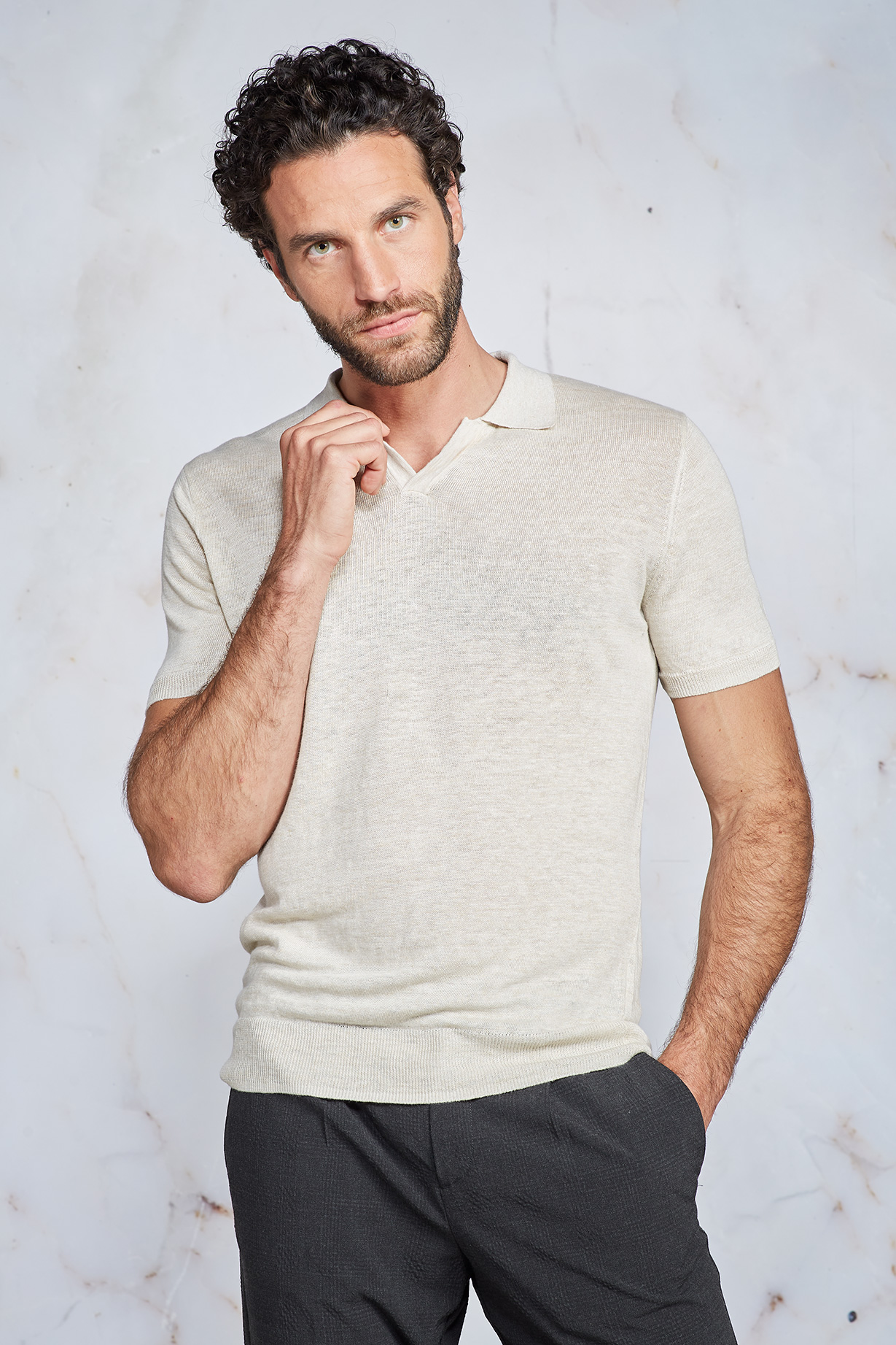 BEIGE KNITTED LINEN POLO