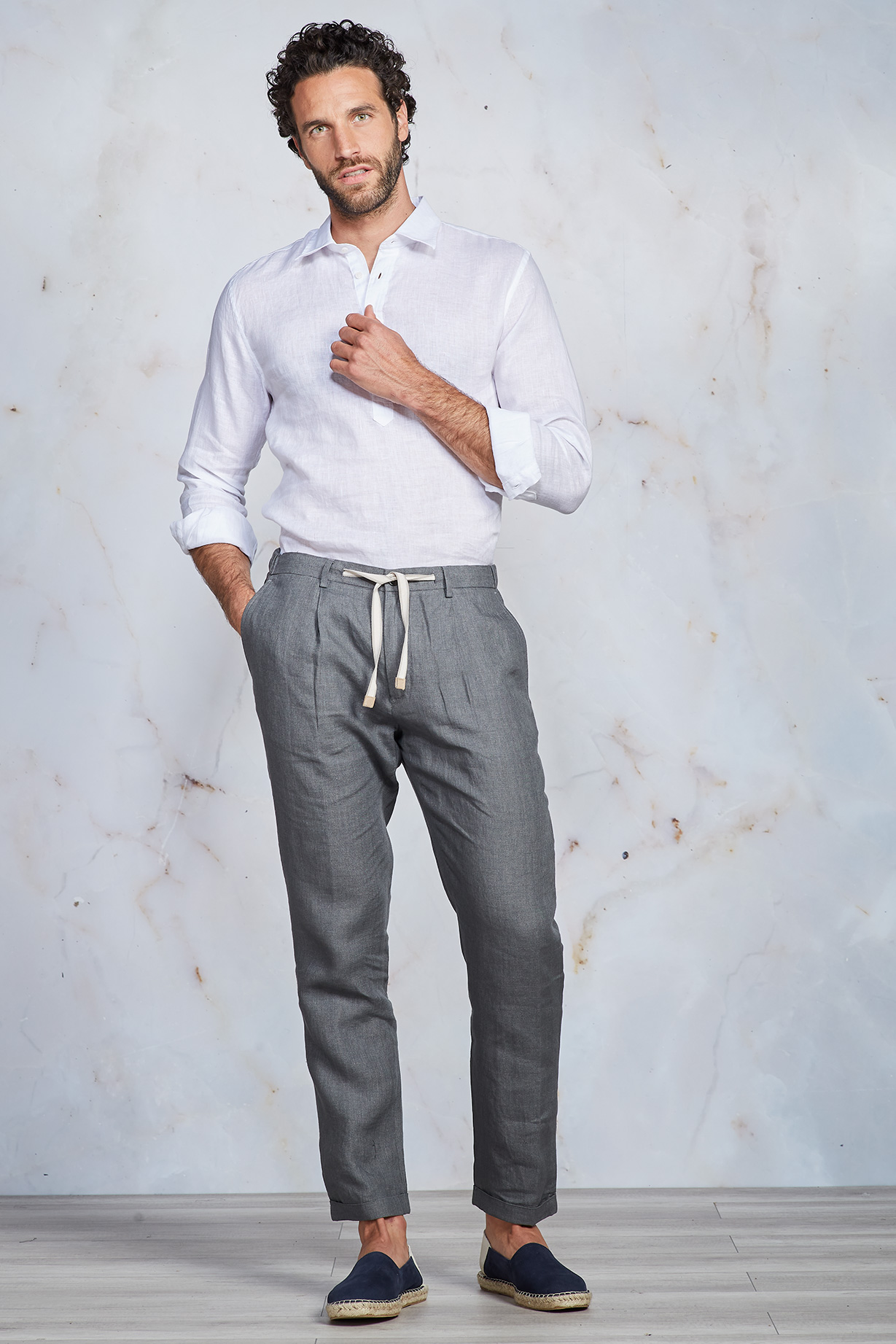 GREY LACE-UP LINEN TROUSERS
