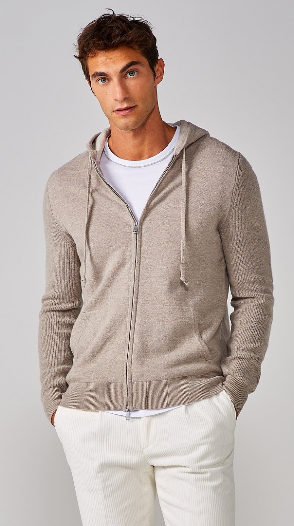 TAUPE CASHMERE BLEND HOODED ZIP SWEATER