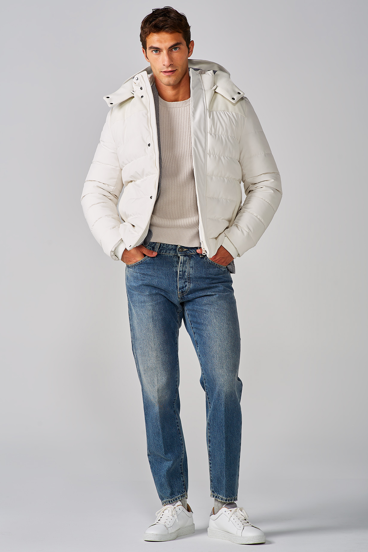 WHITE PADDED JACKET IN NYLON WITH FLANNEL YOKE