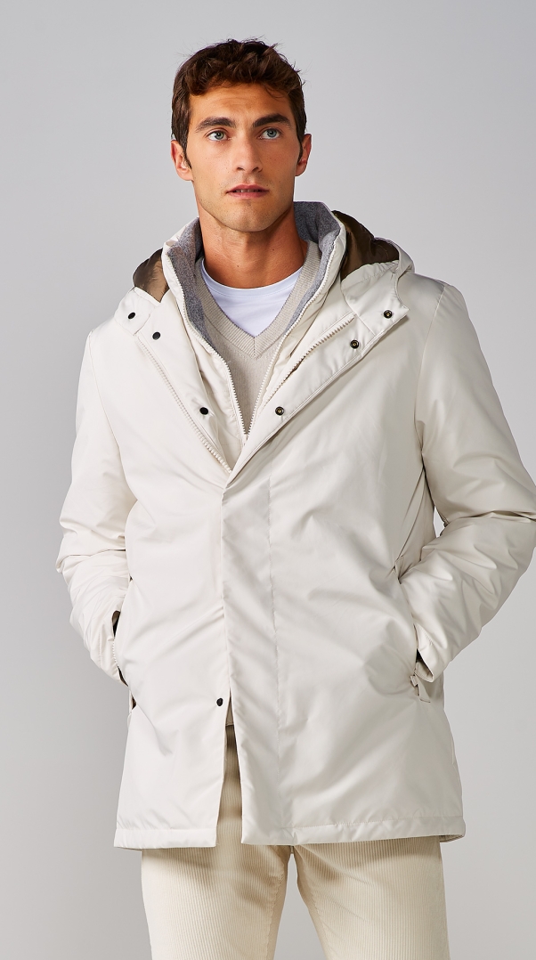 WHITE MATTE NYLON DOWN JACKET WITH DETACHABLE FRONT PART AND HOOD