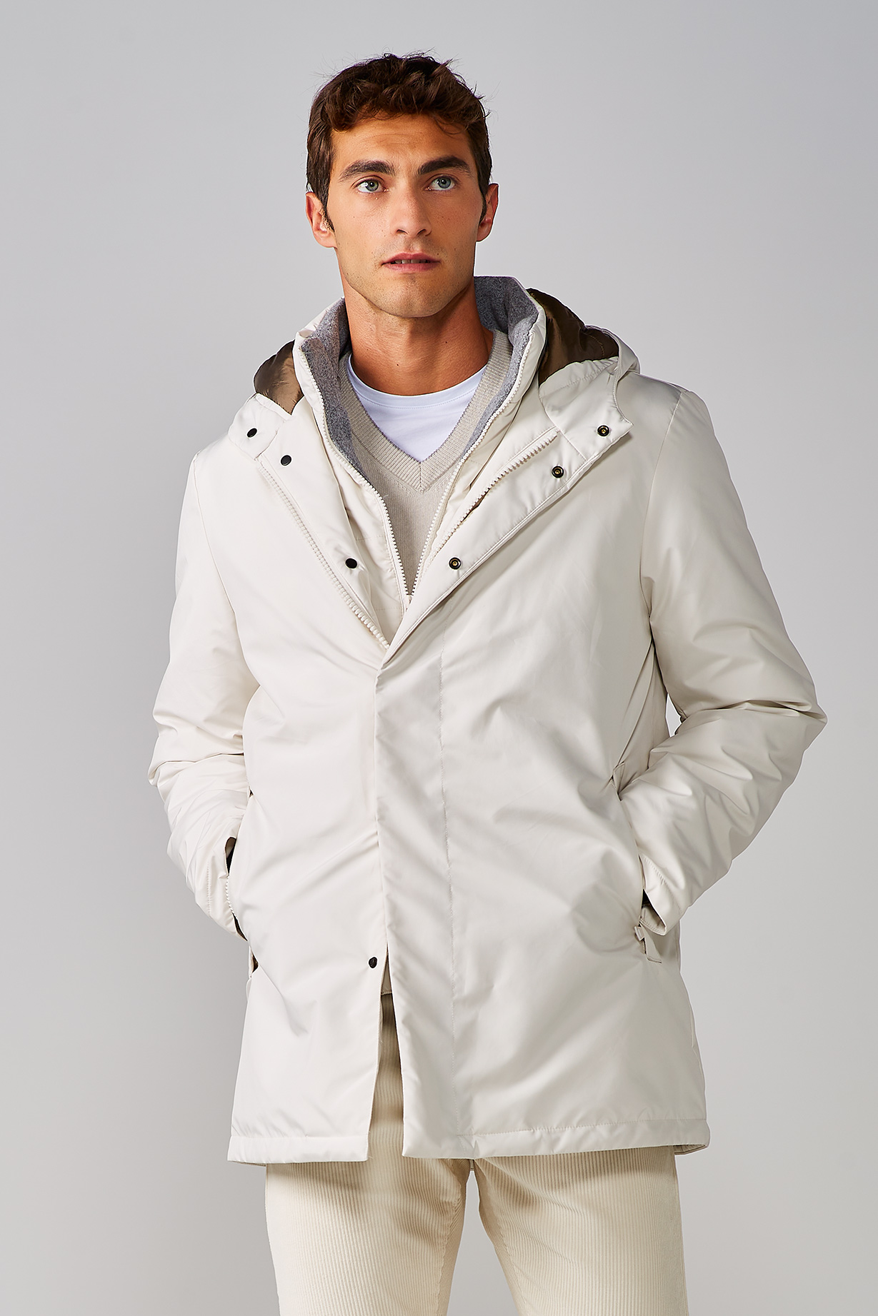 WHITE MATTE NYLON DOWN JACKET WITH DETACHABLE FRONT PART AND HOOD