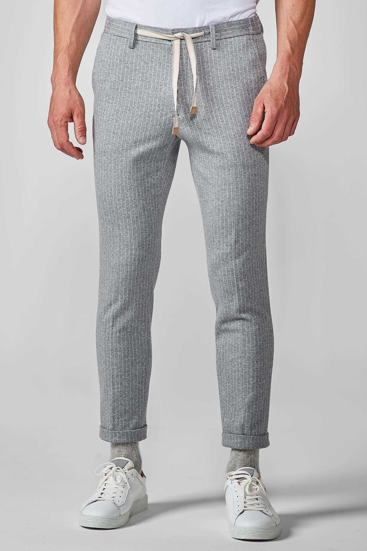 GREY PINSTRIPED LACE-UP JERSEY TROUSER