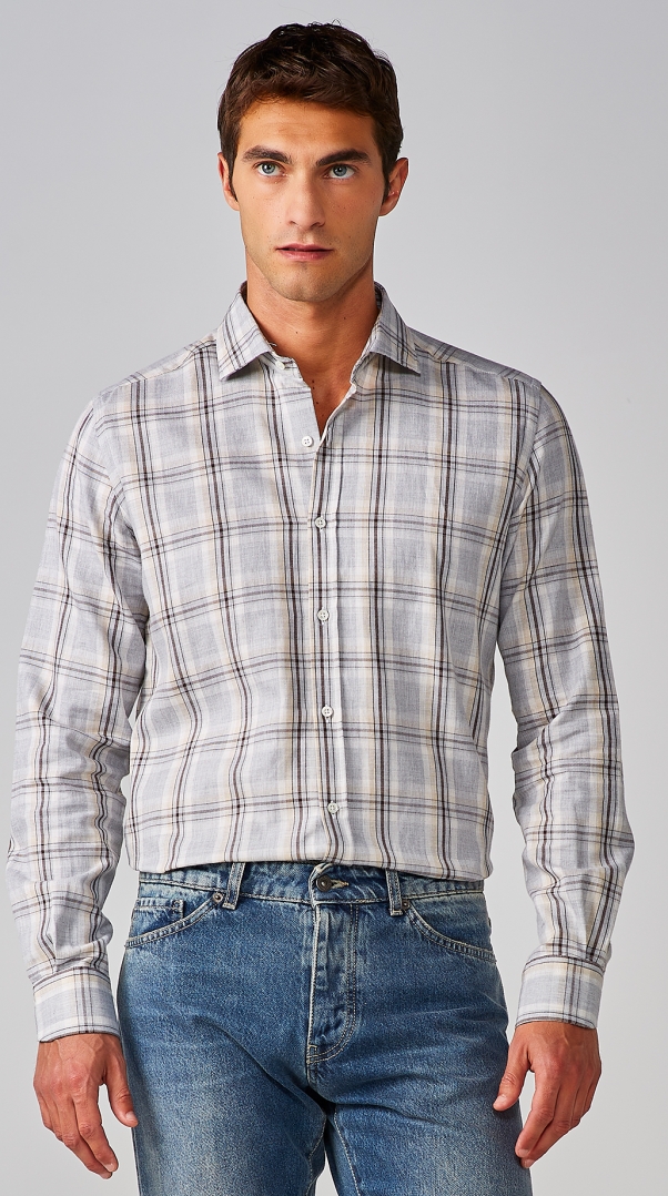 BEIGE AND GREY CHECK FLANNEL SHIRT