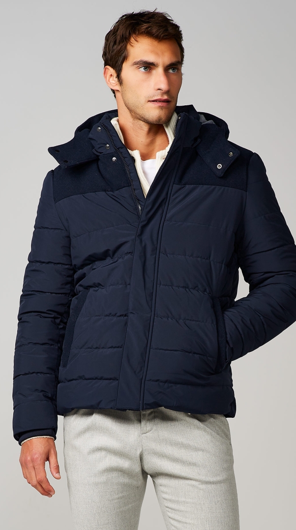 BLUE PADDED JACKET IN NYLON WITH FLANNEL YOKE