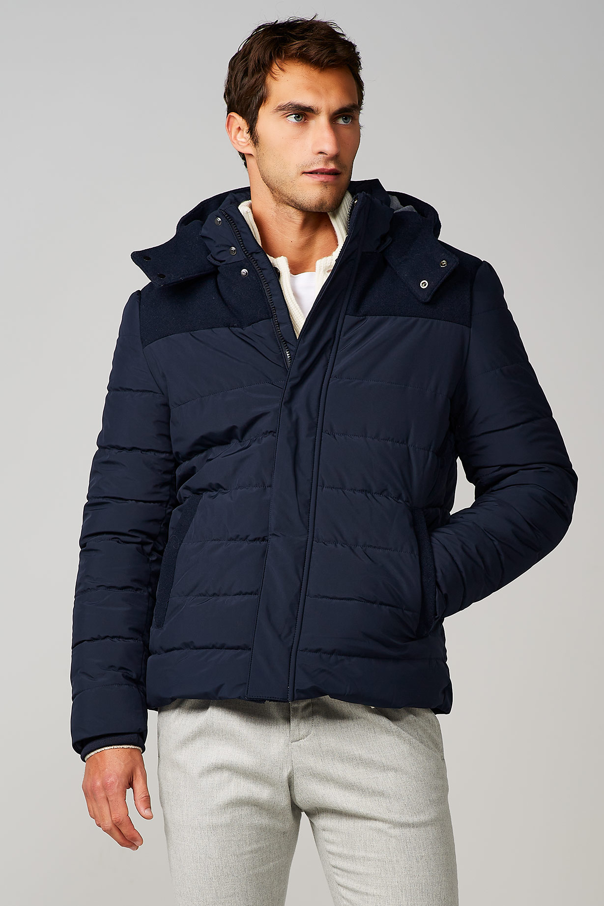 BLUE PADDED JACKET IN NYLON WITH FLANNEL YOKE