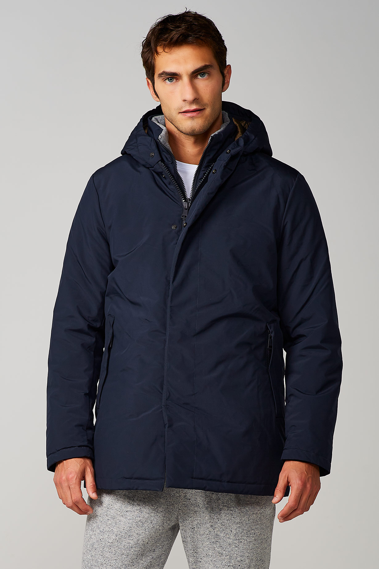BLUE MATTE NYLON DOWN JACKET WITH DETACHABLE FRONT PART AND HOOD