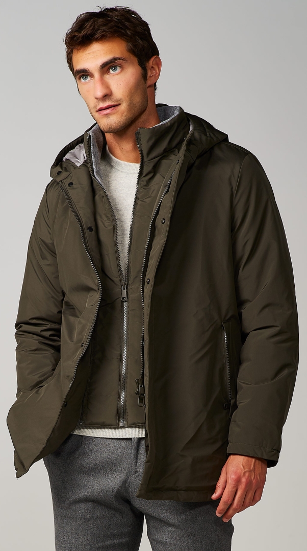 MILITARY GREEN MATTE NYLON DOWN JACKET WITH DETACHABLE FRONT PART AND HOOD