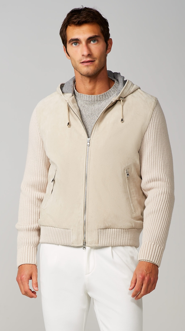 BEIGE REAL SUEDE JACKET WITH KNITTED SLEEVES