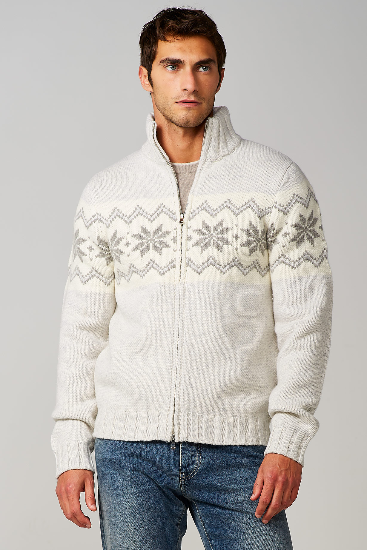 LIGHT GREY KNITTED CANADIAN BOMBER WITH ZIP