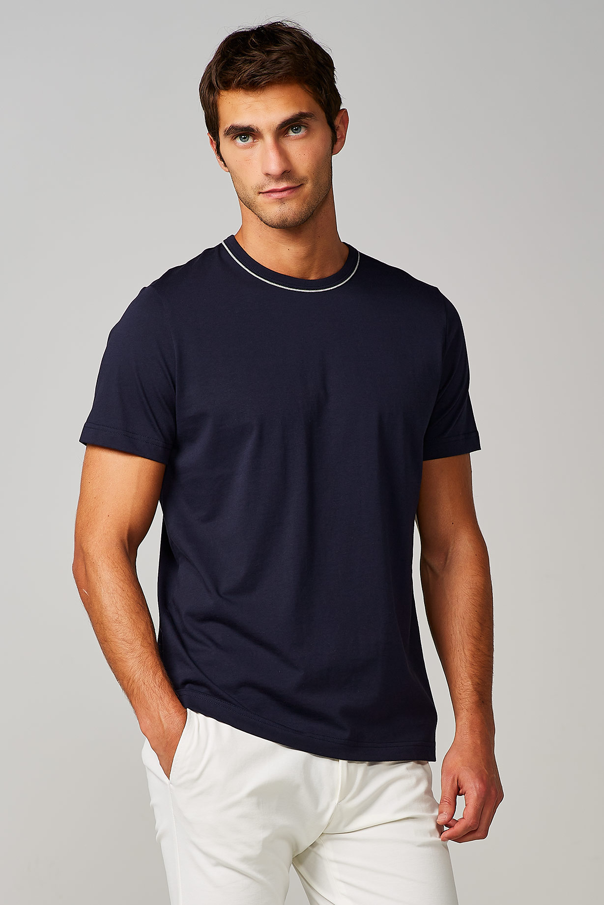 BLUE CREW NECK T-SHIRT WITH PIPING