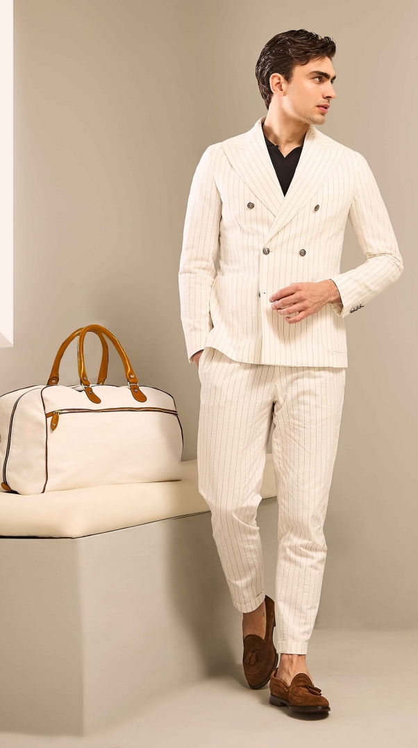 WHITE PINSTRIPED SEERSUCKER WIDE FIT LACE-UP TROUSER