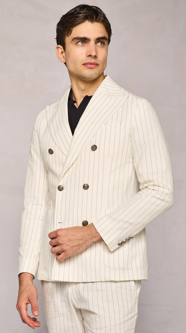 WHITE PINSTRIPED SEERSUCKER DOUBLE-BREASTED JACKET