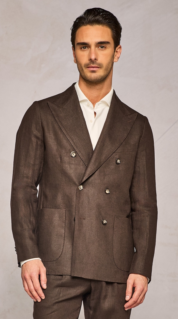BROWN PURE LINEN DOUBLE BREASTED JACKET