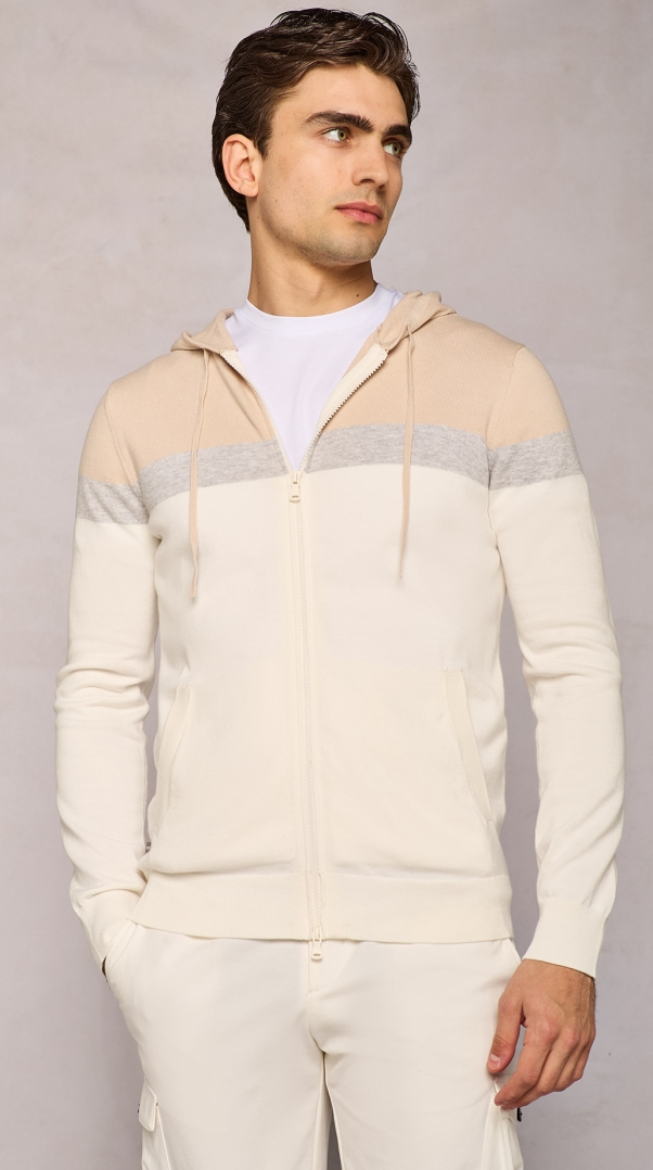 COLOR BLOCK HOODED SWATER WITH ZIP