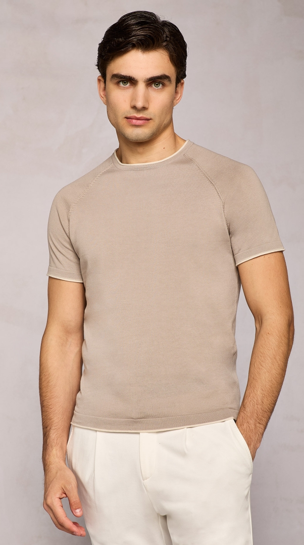 LIGHT TAUPE ROLL-END KNITTED T-SHIRT