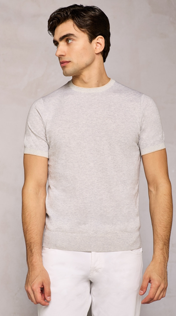 LIGHT GREY MELANGE KNITTED T-SHIRT WITH CONTRAST