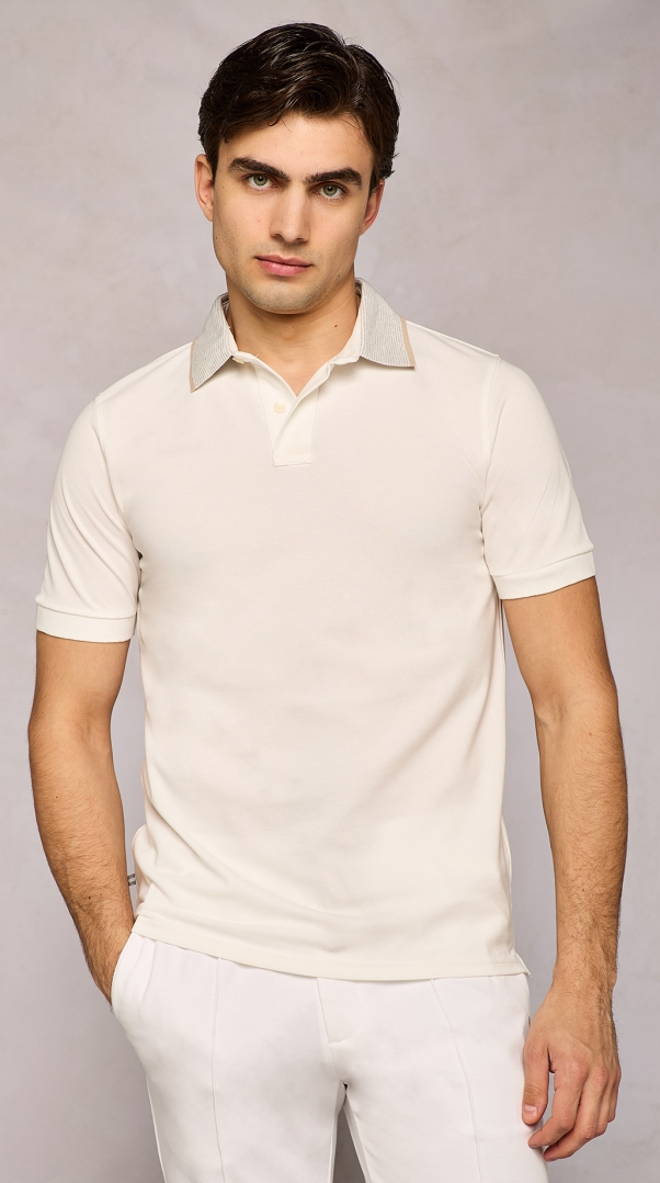 OFF-WHITE PIQUET POLO WITH CONTRAST COLOR COLLAR