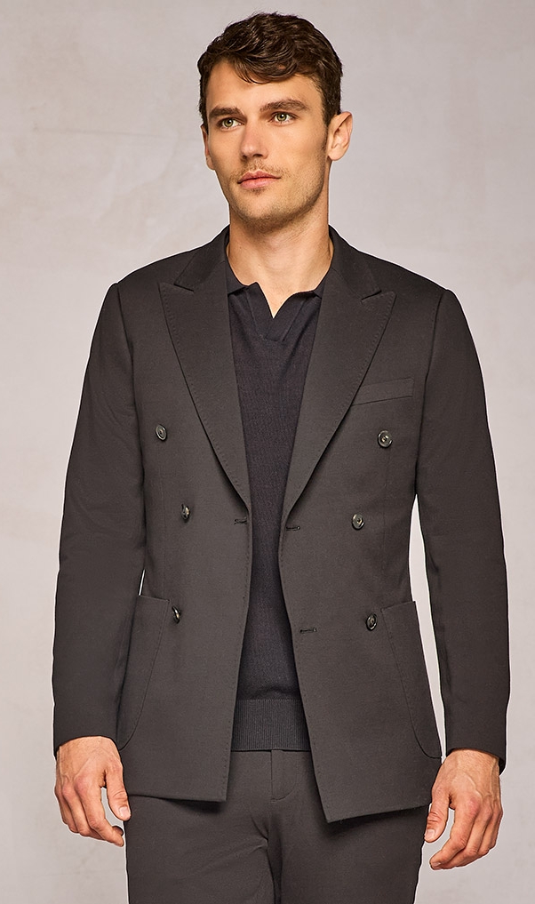 BLACK COTTON PIQUET DOUBLE-BREASTED JACKET