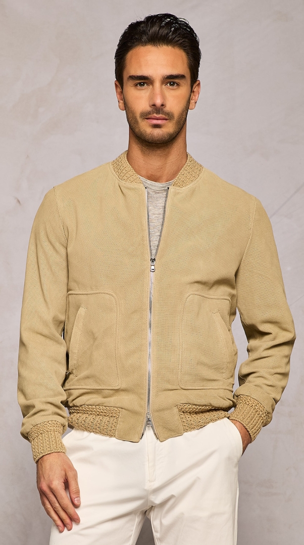 BEIGE REAL SUEDE PERFORATED BOMBER JACKET