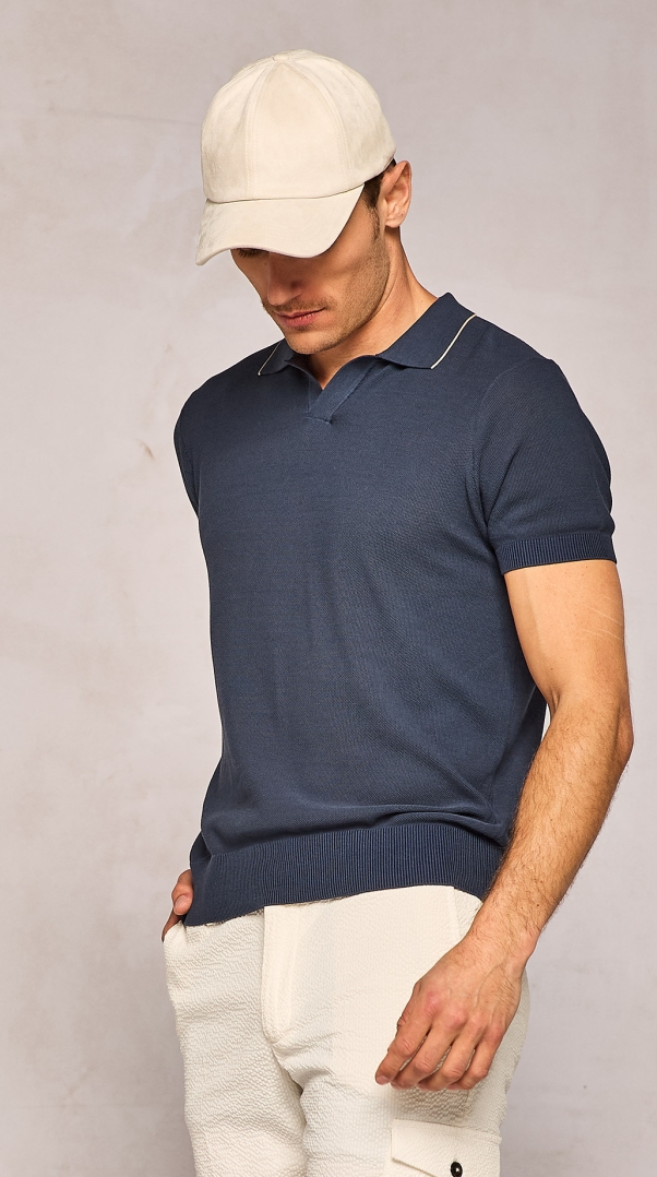 BLUE KNITTED PIQUET POLO