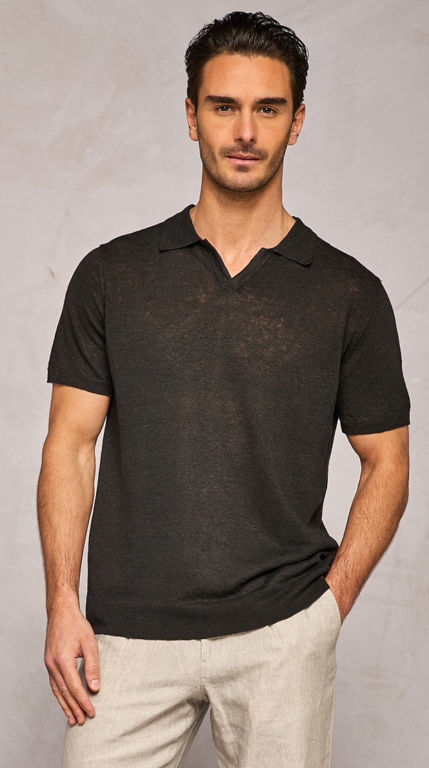 BLACK LINEN KNITTED POLO