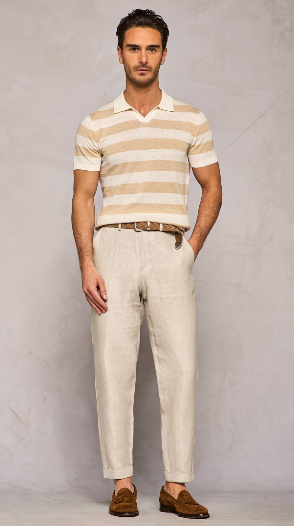 BEIGE STRIPED KNITTED POLO