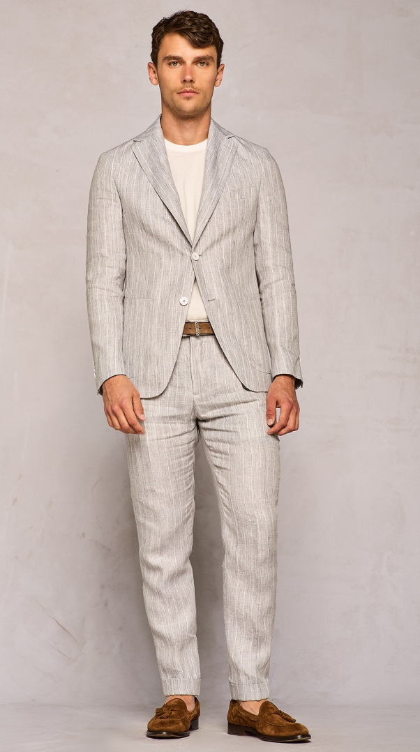 GREY PINSTRIPED LINEN WIDE FIT TROUSER