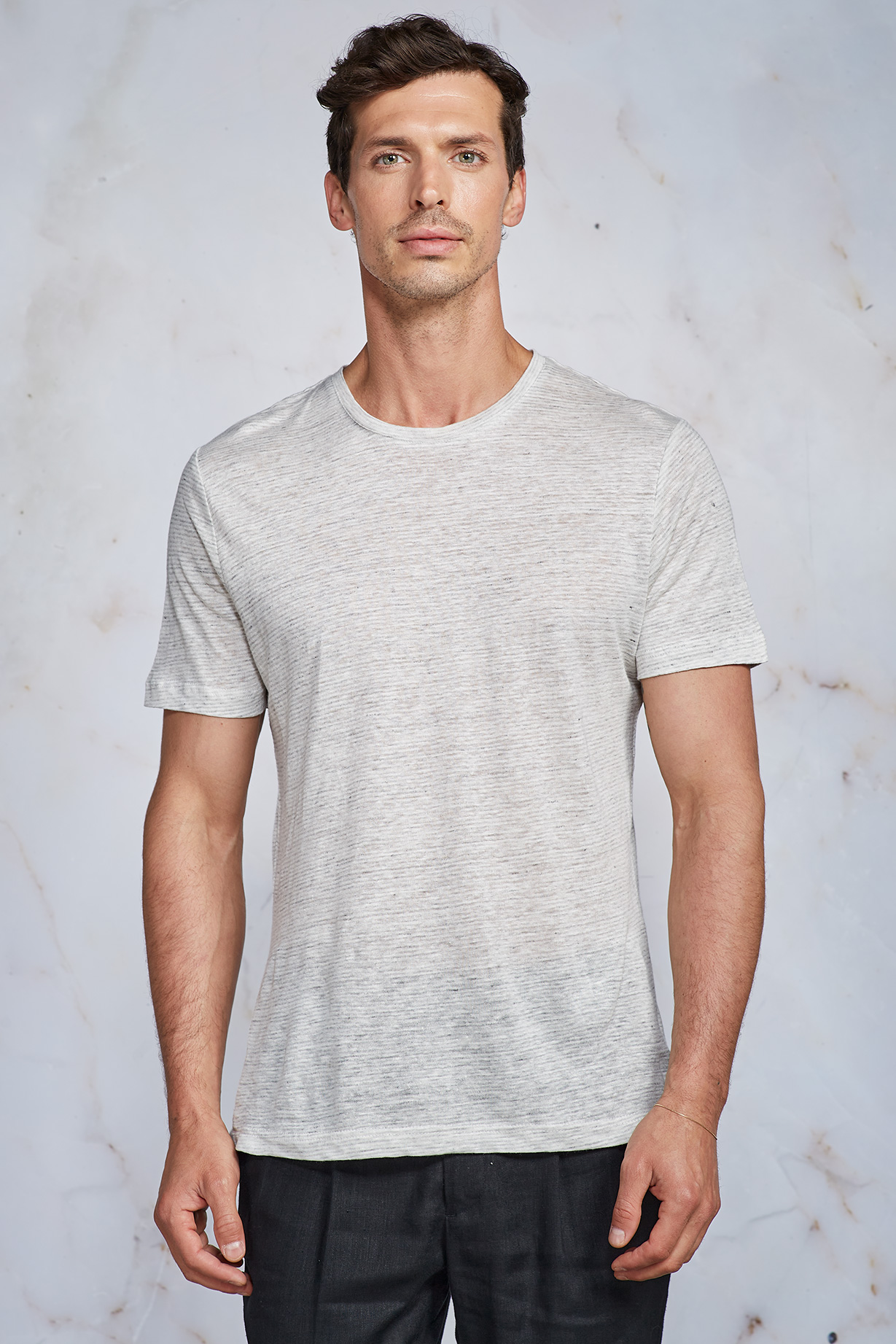 T-SHIRT IN LINO A RIGHE GRIGIA